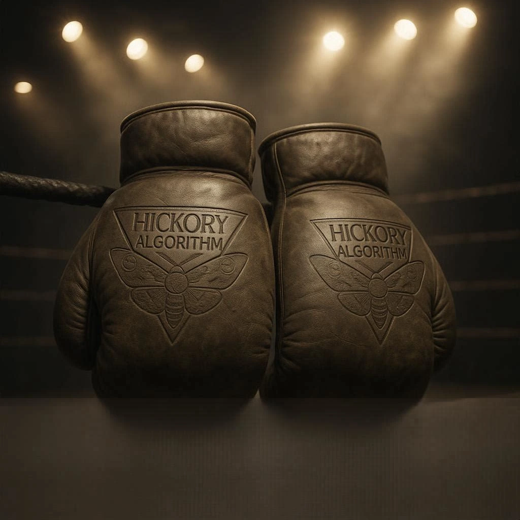 Hickory Algorithm branded boxing gloves under ring lights